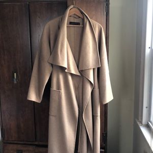 Zara handmade wool blend long wrap camel brown coat.